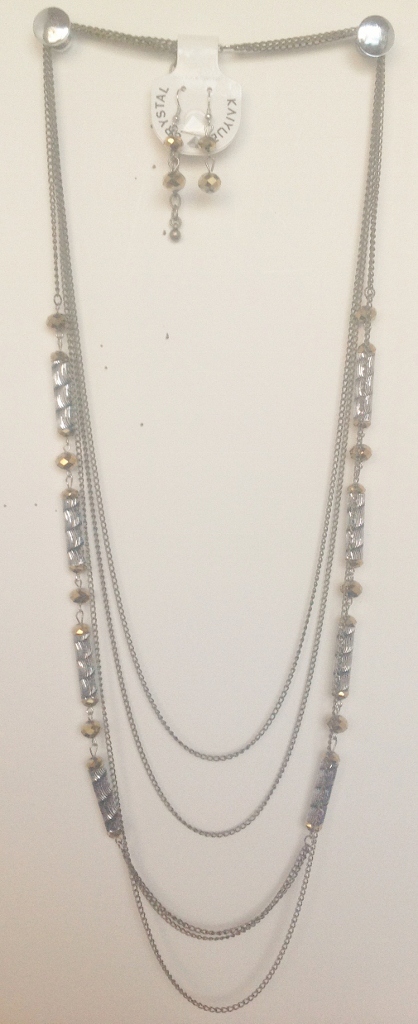 015-13 Long Antique Gold Chain with Silver and Gold Tone Beads.  Matching Earrings