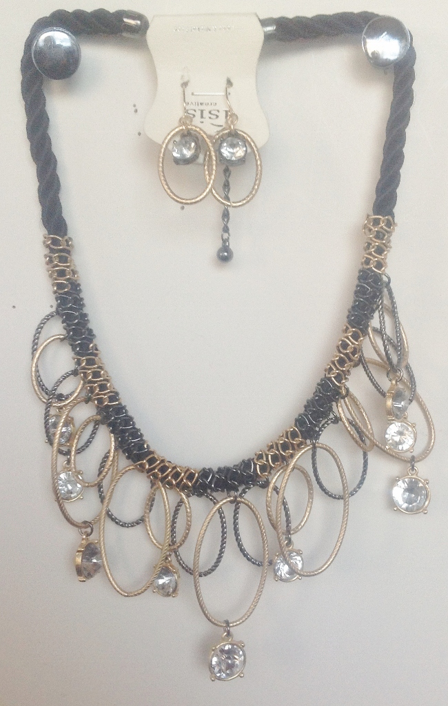 020-13 Black Cord Necklace with Hoops and Crystals  Matching Earrings