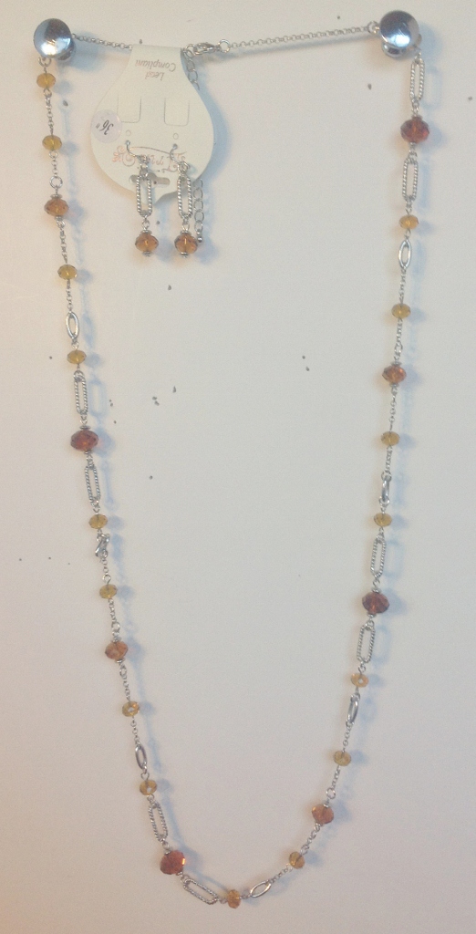 024-13 Long Silver Necklace with Amber Bead.  Matching Earrings