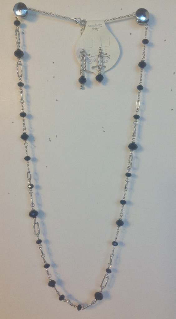 025-13 Long Silver Necklace with Black Beads.  Matching Earrings