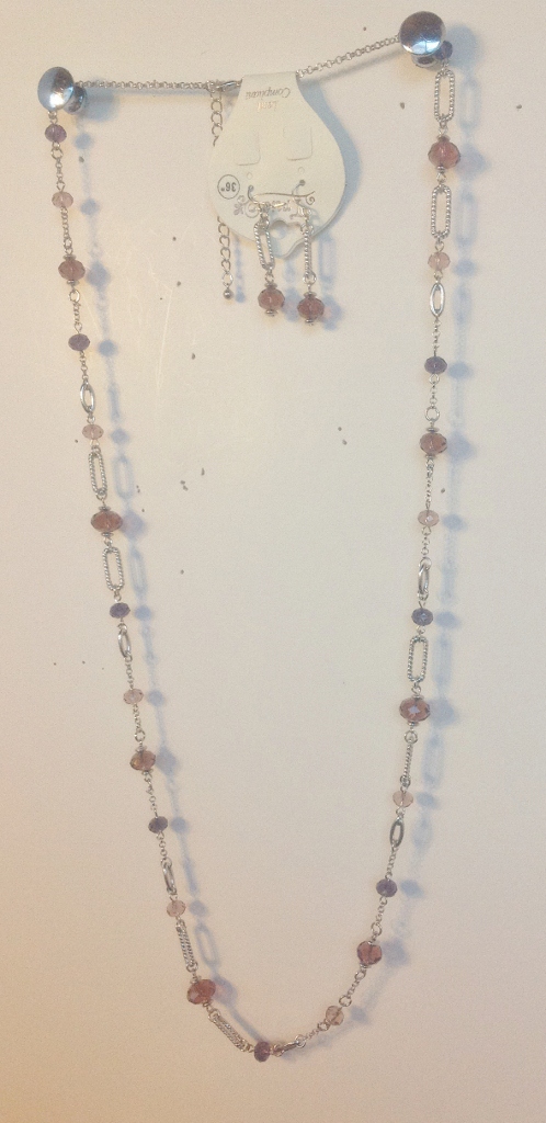 026-13 Long Silver Necklace with Lavender Bead, Matching Earrings