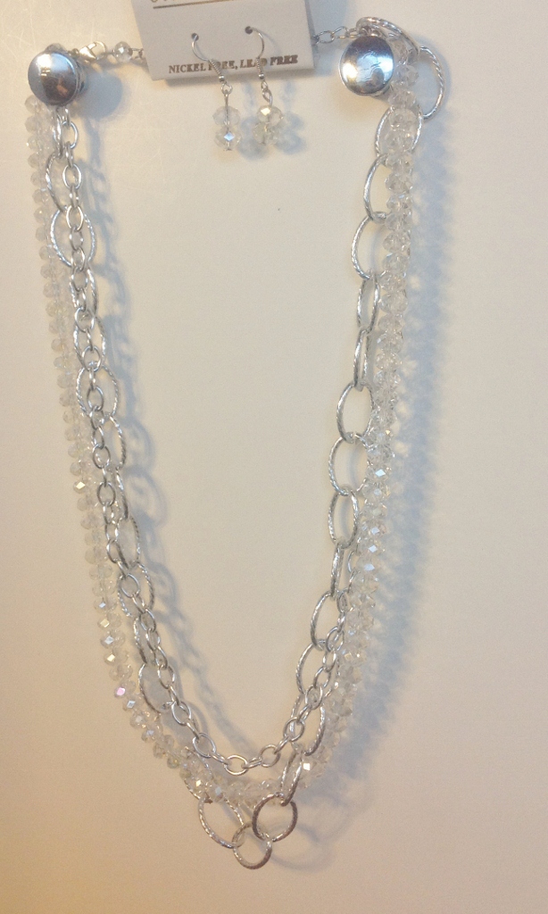 028-13 Silver and Clear Crystal Necklace with Mattching Earrings