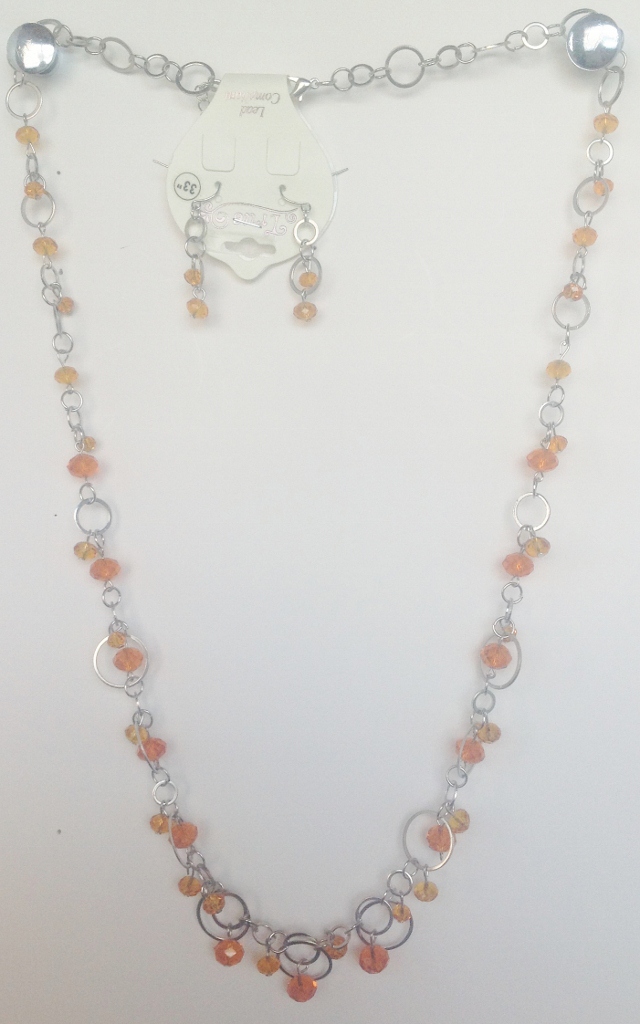 03-13 Long Orange Bead with Silver tone Necklace