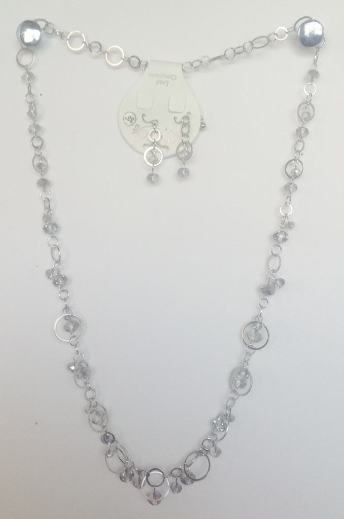 04-13 Long Light Smoke Bead with Silver Tone Necklace