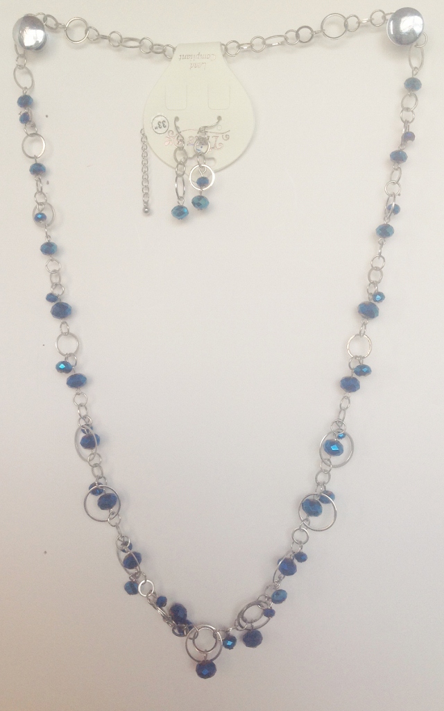 05-13 Long Bright Dark Blue Bead with Silver Tone Necklace